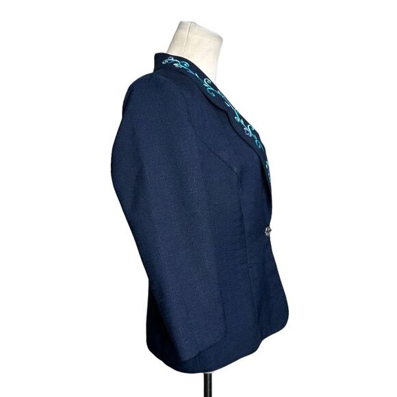 Koret blue floral embroidered lapel 3/4 sleeves blazer size 10P - Picture 7 of 9